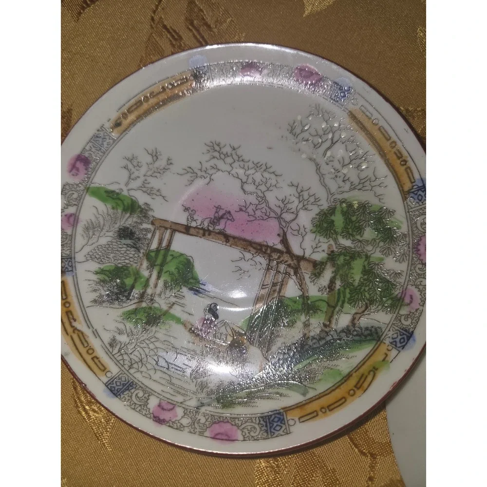 Vintage Made in Japan Porcelain Saucers Set of 2 Hand Painted Landscape Geisha